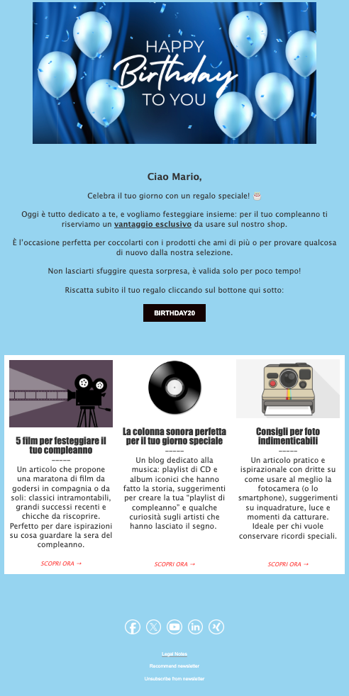 Esempio di newsletter per gli auguri di compleanno